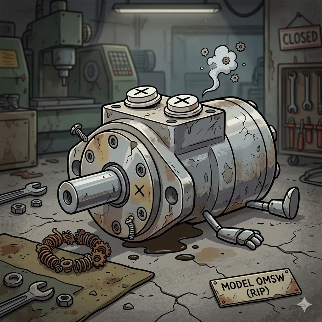 Illustration: a worn-out orbital motor (model OMSW) lying on a shop floor with cracks, leaks, and a 'RIP' nameplate, after running continuous duty beyond its design envelope.