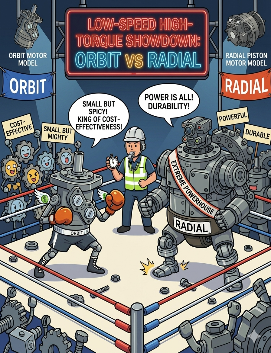 Editorial illustration: Orbit motor vs Radial piston motor face-off in a boxing ring — the small, cost-effective Orbit corner vs the large, durable Radial corner — framing the LSHT selection trade-off.