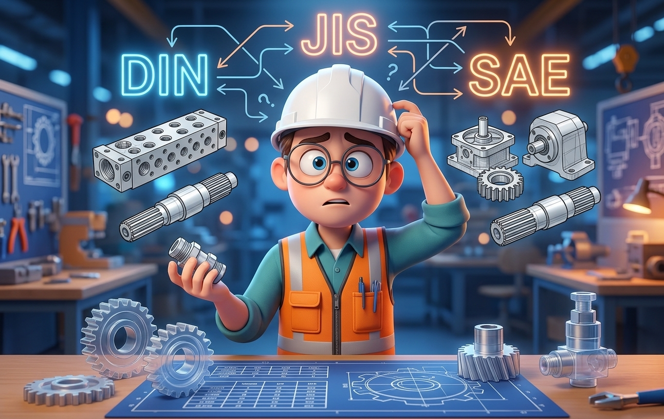 Illustration of an engineer puzzling over conflicting DIN, JIS and SAE standards — different modules, thread forms and interface dimensions that have to be reconciled before any part can drop in.