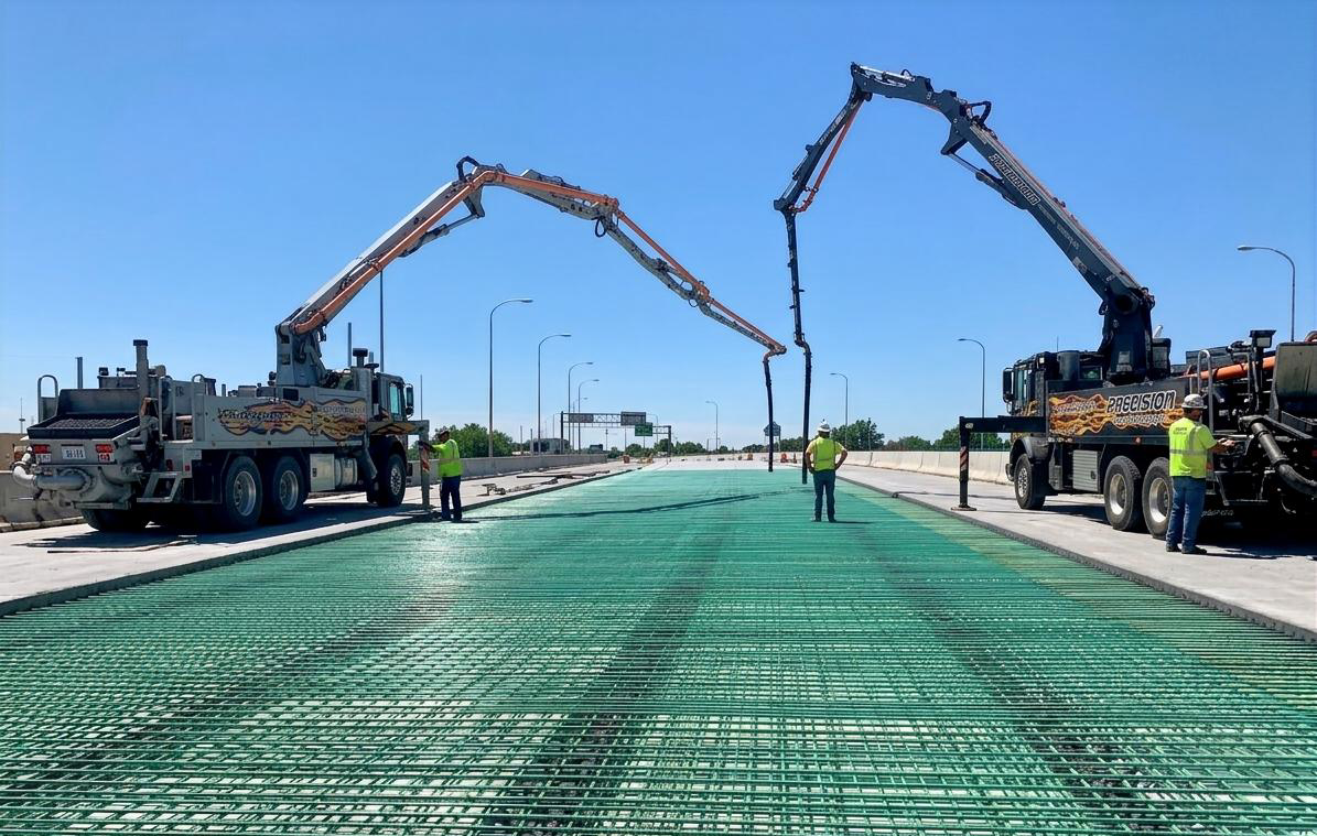 Two concrete pump trucks placing concrete on a highway deck, booms extended over a rebar grid — the boom swing drive is what rotates these arms under full load.