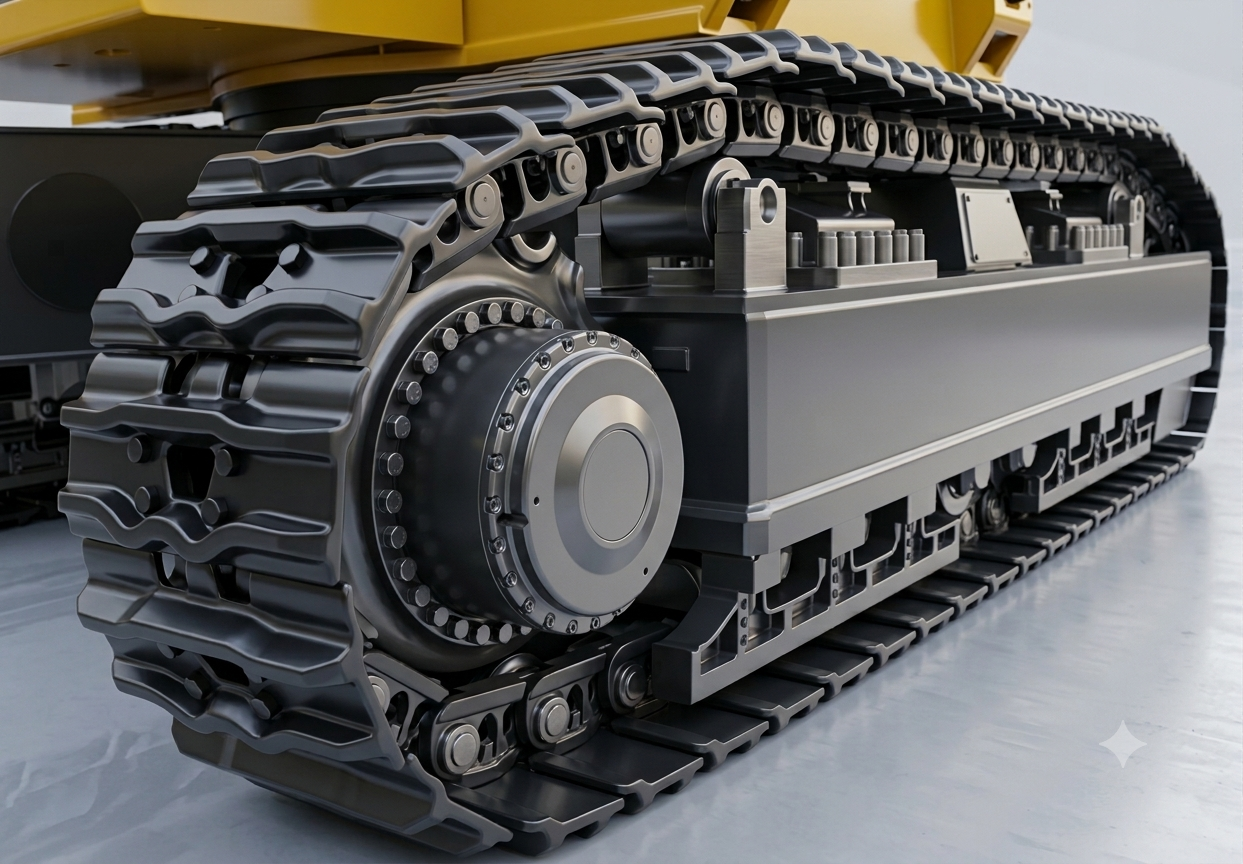 Crawler undercarriage travel drive installation showing tight space constraints below the machine frame, where an oversized motor physically would not fit.