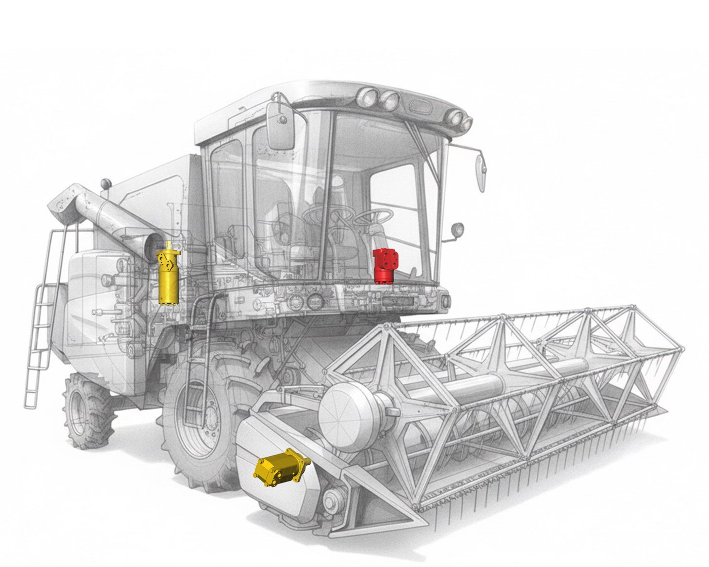Combine harvester using THOTH BM3Y motor, ZBMR motor-brake, and BPBS steering unit