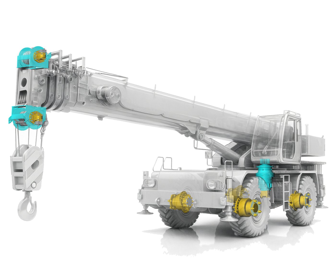 Rough terrain crane using THOTH ZYJ winch, TMS wheel motors, and ZCM3 transmission