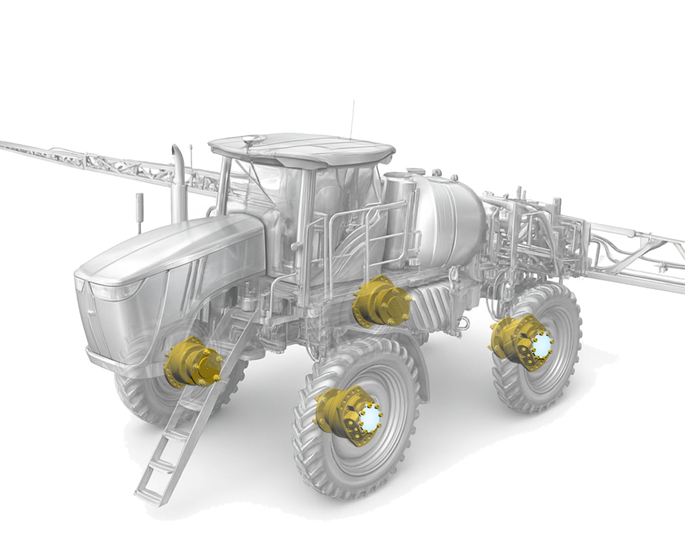 Self-propelled spraying machine with four THOTH TMS wheel motors