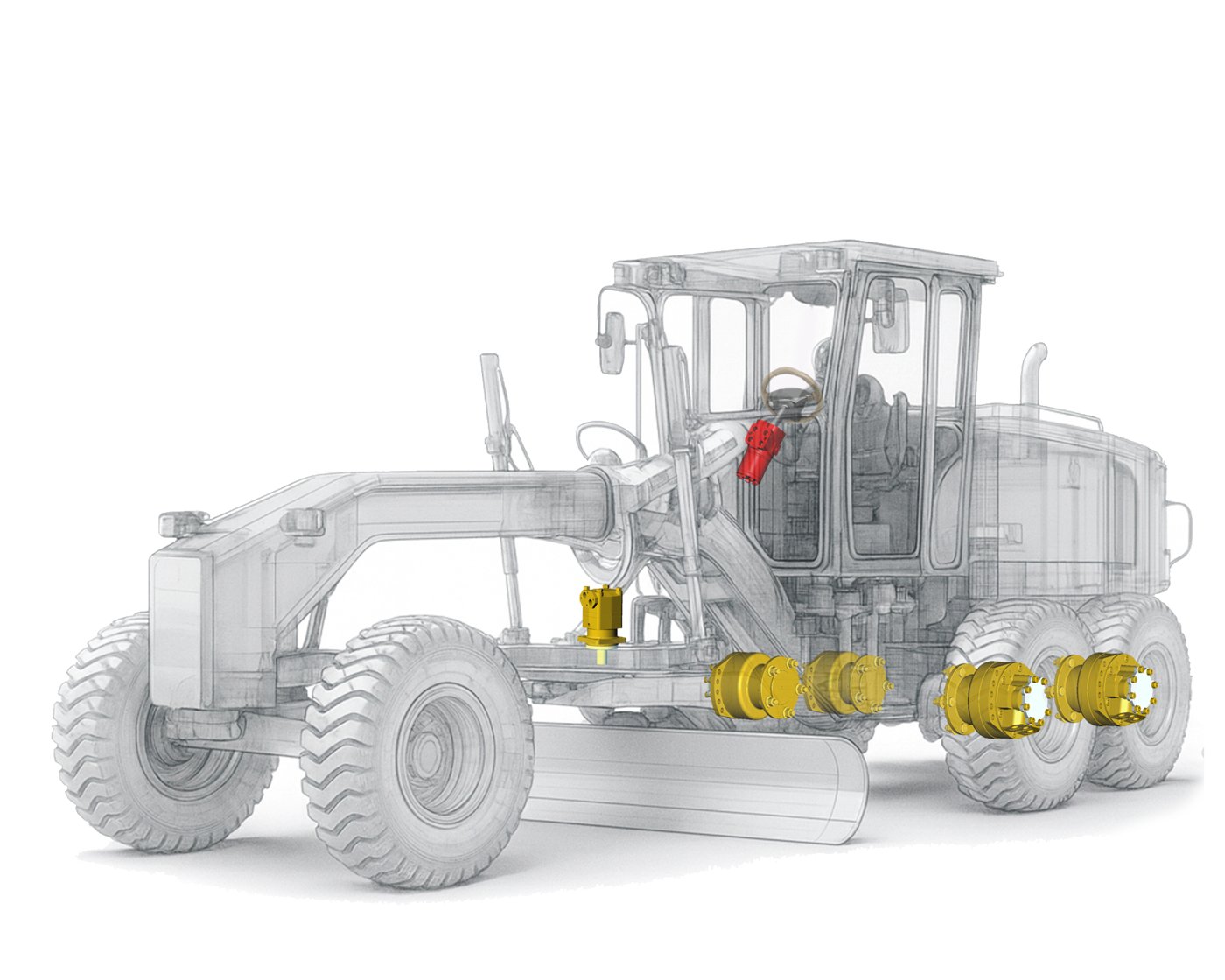 Motor grader using THOTH TMS05 wheel motor, BM4 orbital motor, and BDAS5 steering unit
