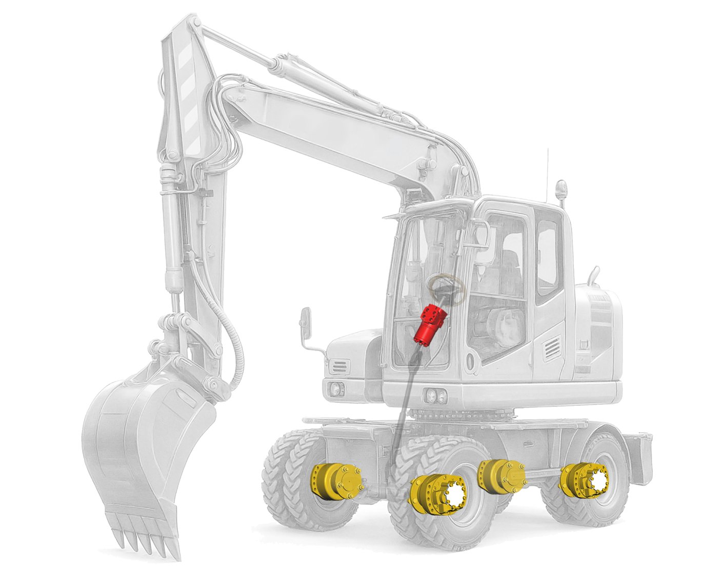 Wheel excavator with THOTH TMS03 wheel motor and BDAS5 steering unit