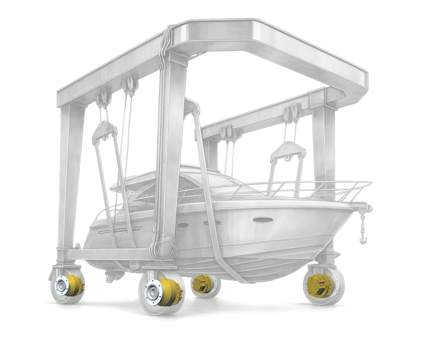 Marina boat hoist driven by THOTH TMS05 wheel motors