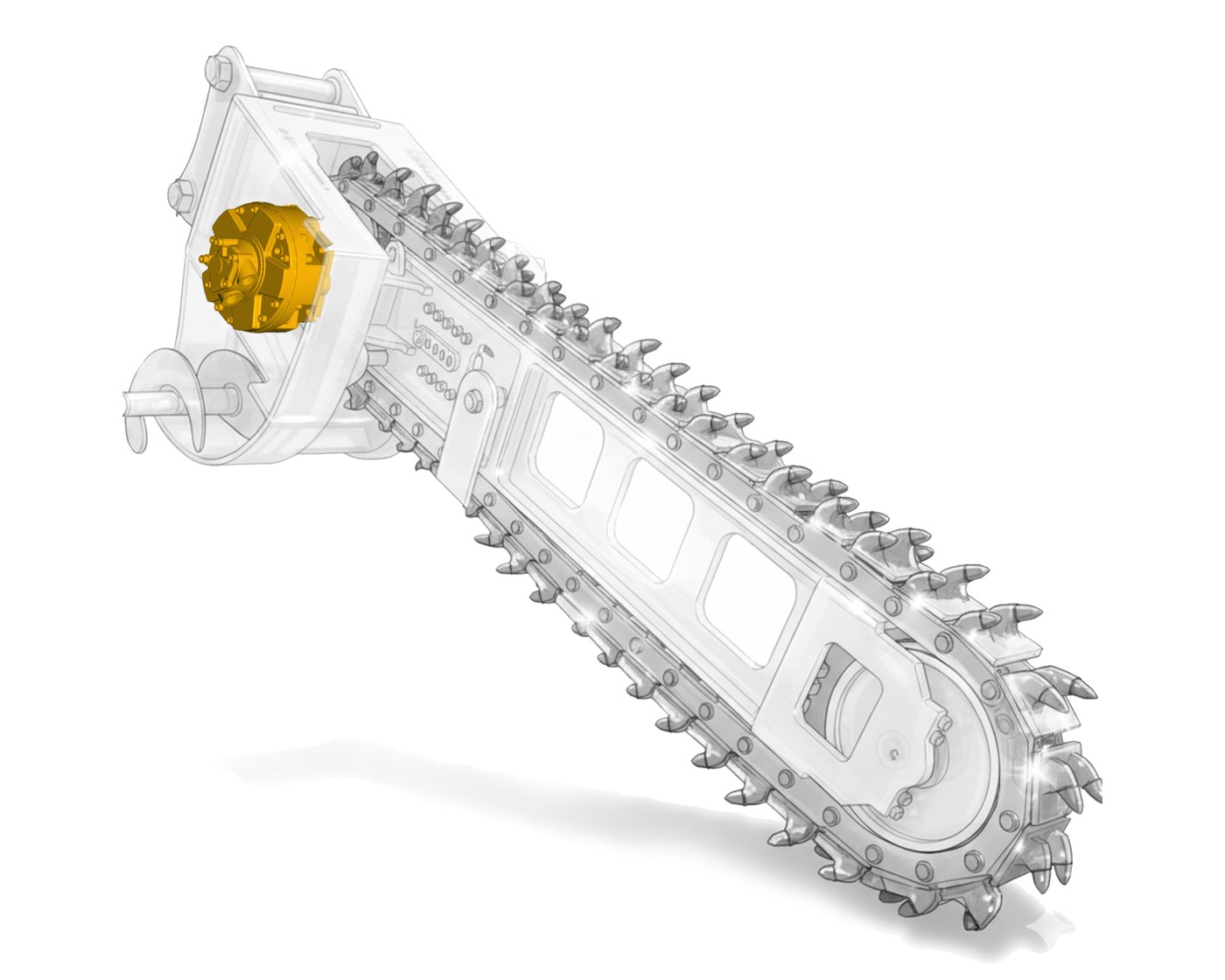 Saw chain attachment driven by THOTH BGM2 radial piston motor