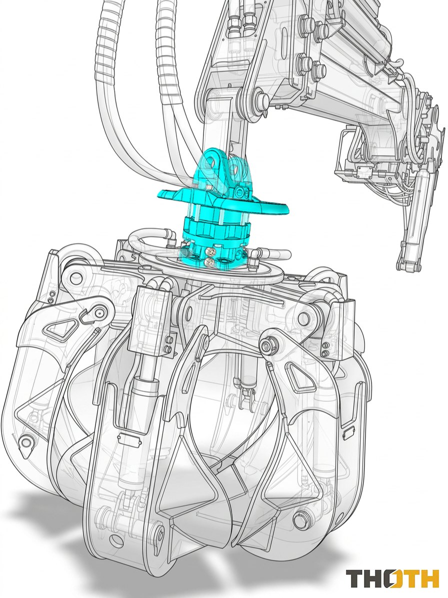 Crawler-mounted grapple with RMT6 hydraulic rotator