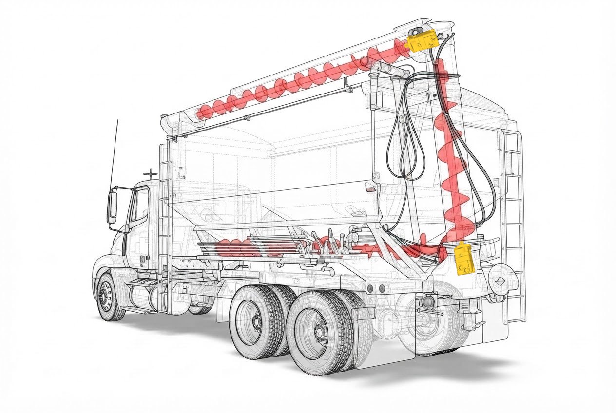 Bulk grain and feed truck unloading augers with BM3Y-200 orbital motor drive locations