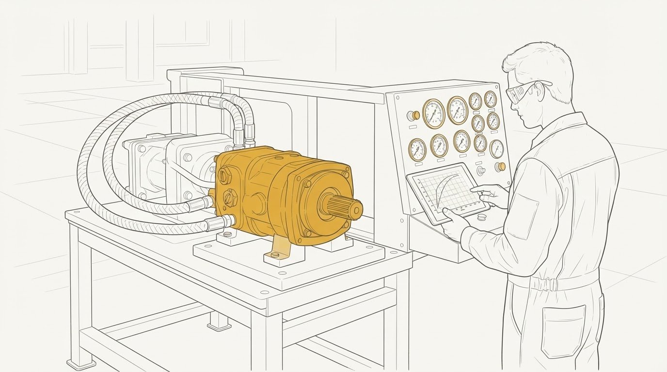 Hydraulic motor on a test bench during 100% final performance test